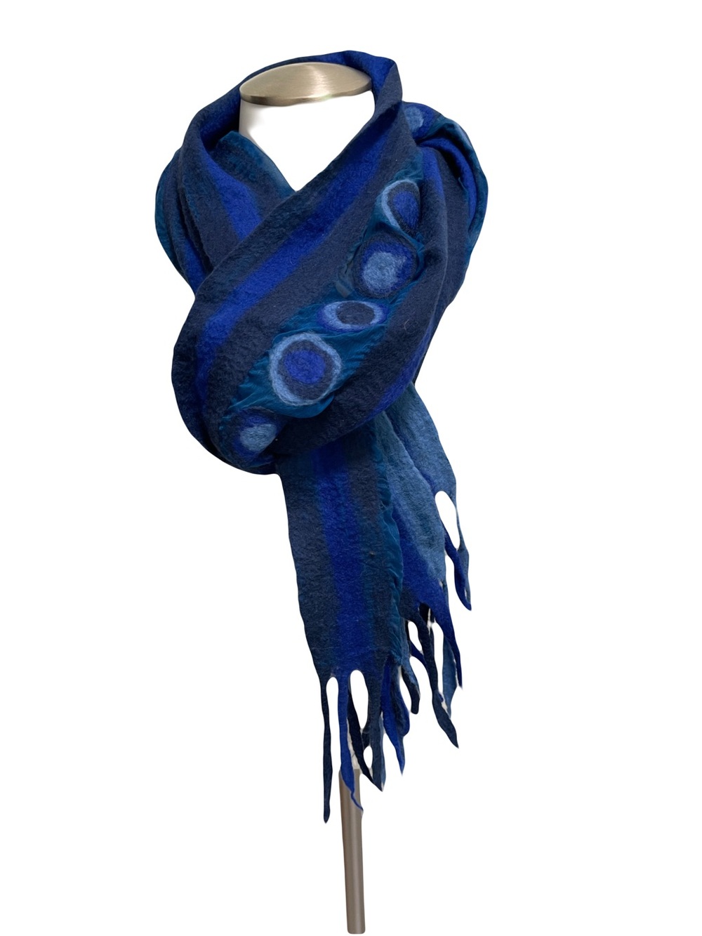 Handmade Blue Nuno Felted Wool Scarf with Circular Motif